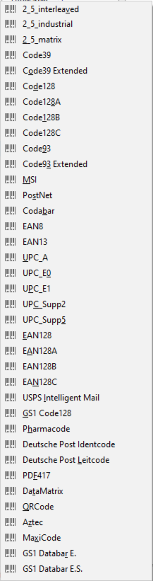 supported barcode types list