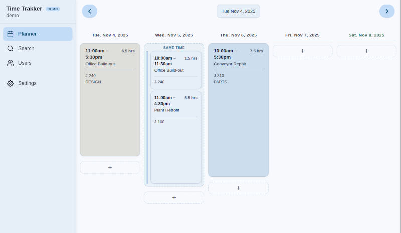 Time Trakker week planner with timed jobs for Office Build-out, Plant Retrofit, and Conveyor Repair
